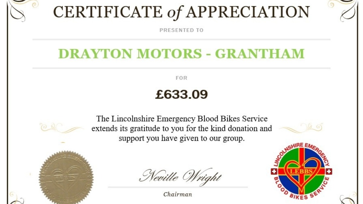Drayton Motors Kia Grantham - supporting Lincolnshire Blood Bikes